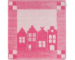 Knit Factory Gebreide Keukendoek - Keukenhanddoek House - Handdoek - Vaatdoek - Keuken doek - Hollandse huisjes aanzicht - Ecru/Fuchsia - Traditionele look - 50x50 cm
