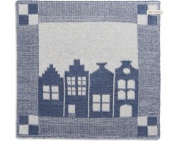 Knit Factory Gebreide Keukendoek - Keukenhanddoek House - Handdoek - Vaatdoek - Keuken doek - Hollandse huisjes aanzicht - Ecru/Jeans - Traditionele look - 50x50 cm