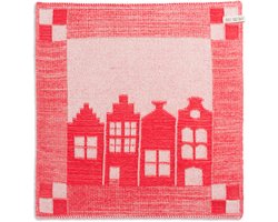 Knit Factory Gebreide Keukendoek - Keukenhanddoek House - Handdoek - Vaatdoek - Keuken doek - Hollandse huisjes aanzicht - Ecru/Rood - Traditionele look - 50x50 cm