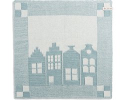 Knit Factory Gebreide Keukendoek - Keukenhanddoek House - Handdoek - Vaatdoek - Keuken doek - Hollandse huisjes aanzicht - Ecru/Stone Green - Traditionele look - 50x50 cm