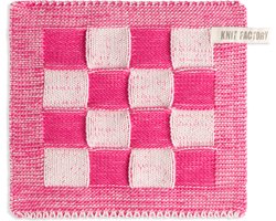 Knit Factory Gebreide Pannenlap Block - Pannenlappen gemaakt van 50% katoen & 50% acryl - Blokken motief - Traditionele look - 1 stuk - Ecru/Fuchsia - Roze - 23x23 cm