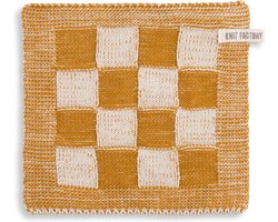 Knit Factory Gebreide Pannenlap Block - Pannenlappen gemaakt van 50% katoen & 50% acryl - Blokken motief - Traditionele look - 1 stuk - Ecru/Oker - Geel - 23x23 cm