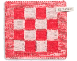 Knit Factory Gebreide Pannenlap Block - Pannenlappen gemaakt van 50% katoen & 50% acryl - Blokken motief - Traditionele look - 1 stuk - Ecru/Rood - 23x23 cm