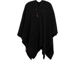 Knit Factory Jazz Gebreid Omslagvest - Dames Poncho - Wikkelvest - Gebreide zwarte poncho - Gebreide mantel - Winter poncho - Dames cape - One Size - Zwart
