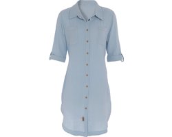 Knit Factory Kim Dames Blousejurk - Lange blouse dames - Blouse jurk lichtblauw - Zomerjurk - Overhemd jurk - L - Indigo - 100% Biologisch katoen - Knielengte