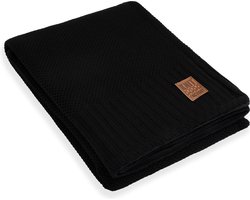 Knit Factory Lynn Gebreid Plaid - Wollen deken met teddy voering - Teddy deken - Woondeken - Kleed - plaid - Zwart - 160x130 cm