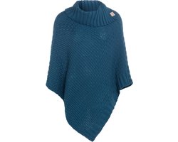 Knit Factory Nicky Gebreide Poncho - Met sjaal kraag - Dames Poncho - Gebreide mantel - Donkerblauw winter poncho - Petrol - One Size