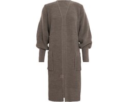 Knit Factory Patty Lang Gebreid Vest Marron - Gebreide dames cardigan - Lang vest tot over de knie - Donkerbruin damesvest - Pofmouw - 30% wol en 70% acryl - 40/42