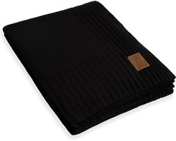 Knit Factory Uni Gebreid Plaid XL - Woondeken - plaid - Wollen deken - Kleed - Zwart - 195x225 cm