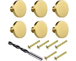 Knoppen voor kasten Goud Meubelknoppen Rond Set van 6 Massief Messing Meubelgrepen Kastgrepen met 6 Schroeven en M4 Houtbewerkingsboor Knoppen voor Kastdeuren Ladekasten (25 x 20)