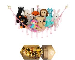 Knuffel Hangmat (Roze) MET verlichting incl. montagetools | Opbergnet Knuffels | Opbergzak Hangen / Hangend | Plush Net | Opberger / Opbergsysteem voor knuffel | Toy Hammock