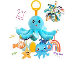 Knuffel Octopus Baby Speelgoed 0-18 Maanden - Met 8 Hangende Sensorische Speelgoed & Spiegel - Montessori Motoriek Speelgoed voor Wieg en Kinderwagen (Wasbaar, Organisch Katoen)