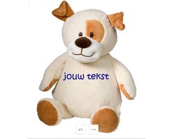 Knuffel Pauley de Hond om zelf te personaliseren kan geborduurd worden met een naam of tekst embrioder buddy