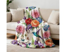 Knuffeldeken Flanel - Sprei Plaid - Woonruimte Aankleden - Kolibrie Bloemenpatroon - 150 x 130 cm - Kleurrijk