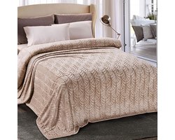 Knuffeldeken met bladpatroon - Warme plaid - Gezellige avonden - Zacht flanellen fleece - 220 x 240 cm - Beige