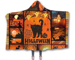 Knuffeldeken met capuchon - Fleece, Pluizig en Superzacht - 130 cm x 150 cm - Orange/Zwart - Warm en Licht - Ideaal voor Bank en Bed - Voor Katten en Kamperen