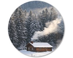 Knusse houten hut in sneeuw - Winterlandschap muurdecoratie rond - Ronde wanddecoratie cabin - Realisme - Wandcirkel van Forex - Slaapkamer wandkunst - muurcirkel forex 100x100 cm