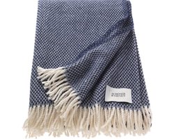 Knusse Tweekleurige Geweven Deken met Franjes – 140x200 cm – Marineblauw en Zandkleur – 50% Katoen en 50% Polyacryl