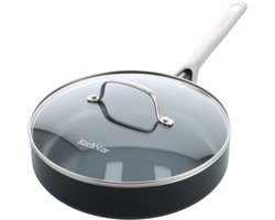 Kochstar Nacht Keramische Hapjespan - Met deksel - 26cm - 3.69L - PFAS-vrij - Inductie hapjespan- Inductie pan - Vaatwasserbestendig - Ovenbestendig tot 200° C - Keramische anti-aanbaklaag - RVS handgreep - RVS rand - Glas deksel - Zwart
