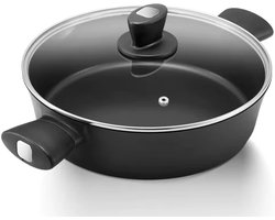 Koekenpan Inductie met Deksel 28 cm – 3,8L Sauteerpan van Roestvrijstaal – Anti-aanbaklaag – Glazen Deksel – Stay-Cool Handgrepen – Geschikt voor alle warmtebronnen – Zwart