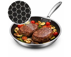 Koekenpan Ø 24 cm - PFAS Vrij & PTFE Vrij - RVS Honingraat Hybride Pan - Geschikt voor Inductie, Elektrisch, Keramisch & Gas - Hexagon Anti Aanbak Pan - Krasbestendig - Oven tot 280°C - Duurzame Keramische Coating - Keukengerei - Koken - Löwenthal