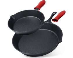 Koekenpan Set Gietijzeren met Siliconen Handvat CAST LINE 20 / 30 cm 2 stuks - Koekenpannen - Braadpannen - Koekenpannenset - Multifunctionele Pan voor Vlees - Groenten