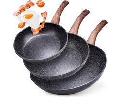 Koekenpan Set Graniet BLACK&WOOD 20 / 24 / 28 cm 3 stuks - Koekenpannen - Braadpannen - Koekenpannenset - Multifunctionele Pan voor Vlees - Groenten