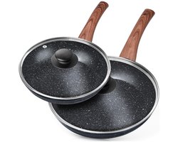 Koekenpan Set Graniet met Glazen Deksels BLACK&WOOD 20 / 26 cm 2 stuks - Koekenpannen - Braadpannen - Koekenpannenset - Multifunctionele Pan voor Vlees - Groenten