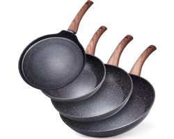 Koekenpan Set met Pannenkoekenpan BLACK&WOOD 20 / 24 / 24 / 28 cm 4 stuks - Koekenpannen - Braadpannen - Koekenpannenset - Multifunctionele Pan voor Vlees - Groenten