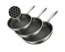 Koekenpannenset 3delig Ø 20, 24, 28 cm - PFAS Vrij & PTFE Vrij - RVS Honingraat - Inductie, Elektrisch, Keramisch & Gas - Hexagon Anti Aanbak Pan Krasvrij - Koudgrepen - Oven tot 280°C - Duurzame Keramische Coating - Keukengerei - Koken - Löwenthal