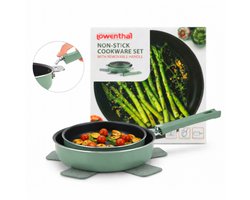 Koekenpannenset met Afneembare Handgreep - 3 Delig Ø20 & 24 cm - Anti Aanbaklaag - Aluminium Kookpannenset - PFAS vrije Pannenset - Inductie, Gas, Keramisch & Elektrisch - Stapelbare Bakpannenset - Non Stick Laag - Frying Pan - Löwenthal - Groen
