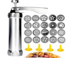 Koekjesmaker Set - RVS Biscuit Pers - 20 Vormen & 4 Spuitmondjes - DIY Decoratie Bakgereedschap - Voor Feest & Keuken - Zilver - Compact - 1 stuk