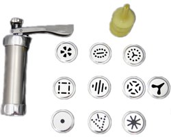 Koekjespers - met 10 sjablonen en 4 spuitmonden - Koekpers/decoratiespuit - Koekjesmaker en Glazuur Set voor Taart Decoraties - zilver - metaal