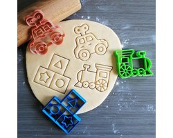 Koekjesvorm | 3-delige set | Baby Speelgoed| Opwind Auto - Trein - Blokken| Cookie cutter | Uitsteekvorm | Bakvorm | 8cm