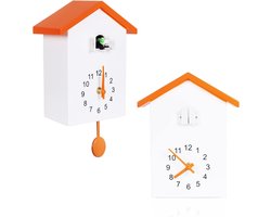 Koekoeksklok, wandklok met koekoeksgeluiden, slingerklok met design, vogelhuisje, wanddecoratie voor woonkamer, keuken en kantoor (Oranje)