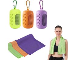 Koelende handdoeken, 3 stuks sneldrogend sporthanddoek met draagbare siliconen hoesjes - Microvezel, 30 x 90 cm - Groen, Oranje, Paars