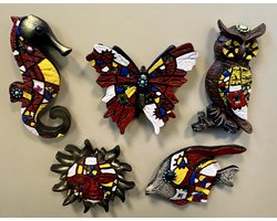 Koelkastmagneten "Dieren + zon" - Set van 5 stuks - uil/zon/vlinder/zeepaardje/vis - Polyresin - meerkleurig bruin + rood - hoogte 8 x 7 x 1 cm - Koelkastmagneten - Woondecoratie - Woonaccessoires