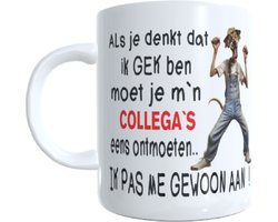 Koffie beker - thee mok - tekst - collega`s - grappig - funny -gek - afbeelding cartoon