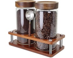 Koffie Bewaarbus - Bewaarpot Set – Luchtdicht – Glazen Voorraadpotten met Houten Deksel – Voor Koffiebonen en Thee – 1.3L