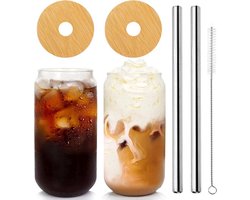 Koffie Glazen Bekers met Deksel en Rietje - Bamboe Top Deksel - 50ml Herbruikbare Drinkglazen voor Reizen, Kantoor, Thuis, Iced Tea, Koffie, Margaritas, Frisdranken, Sap, Cocktail, Set