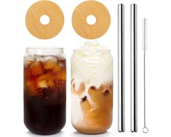 Koffie Glazen Bekers met Deksel en Rietje - Bamboe Top Deksel - 50ml Herbruikbare Drinkglazen voor Reizen, Kantoor, Thuis, Iced Tea, Koffie, Margaritas, Frisdranken, Sap, Cocktail, Set