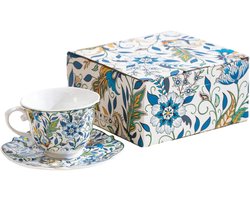 Koffie Kop en Schotel - Thee Set - Gezellig Moment - Vintage Design - 250ml - Blauw Wit