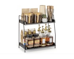 Koffie-organizer, koffiebar-accessoire en -organizer, hout, koffieopbergmeubel voor koffiehoek, werkbladen, kruidenrek, 2 verdiepingen, koffiecaddy voor keuken, thuis, kantoor, zwart
