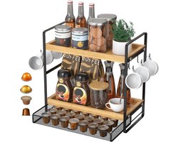 Koffie Station Organizer - Houten Keuken Organizer met 2 Etages en Uitschuifbare Lade - Koffiebar Organizer voor Aanrecht - Kruidenrek met Zijhaken - Countertop Organizer voor Keuken, Badkamer en Kantoor