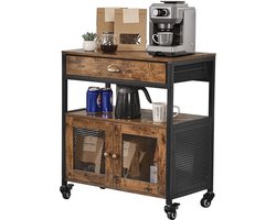 Koffiebarkast - Buffetkast - Afmeting 61 x 36 x 70,5 cm - Met Wielen - Opbergruimte 4-Laags - Gaasdeur - Landelijke Stijl - Koffiestation