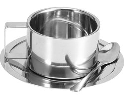 Koffiebeker set met Schotels en Lepels - Thermisch Roestvrijstalen Dubbelwandig Isolerend - Latte Cappuccino Koffie - Luxe Koffie Servies Set
