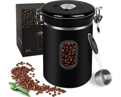 Koffieblik luchtdichte opslagtanks van roestvrij staal 1,8 l, vacuüm koffieblik, koffiebonen container van roestvrij staal met visueel venster CO2-ventiel en doseerlepel, langer en vers, duurzame