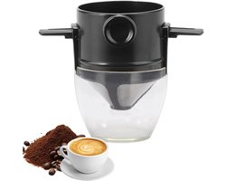 Koffiefilter, herbruikbaar roestvrijstalen koffiefilter, conisch koffiefilter, premium koffietrechter met transparante beker en opvouwbare vleugels - Zwart