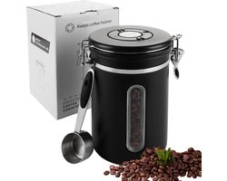 Koffiekan van 1,8 liter luchtdicht, zwarte koffiebonencontainer, koffiekan met roestvrijstalen lepel, koffiecontainer met datumregistratie voor koffiebonen, koffiepoeder, thee, cacao