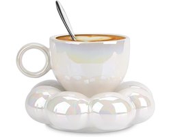 Koffiekop en schotelset - Porselein theekop - met zilveren handvat - keramische mok - creatieve 7 oz 200 ml - geschikt voor kantoor en thuis - parelwit